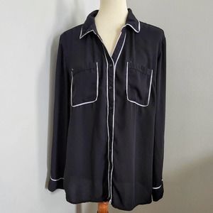 Relativity Black and White Button Up Sheer Blouse